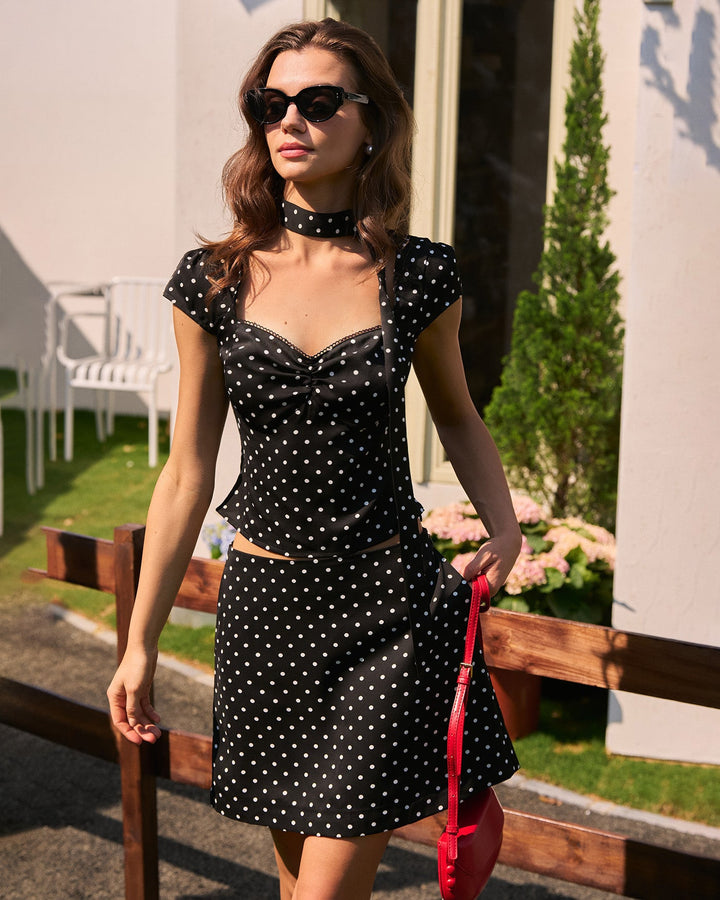 Camiseta de Corbata con Lunares Negros