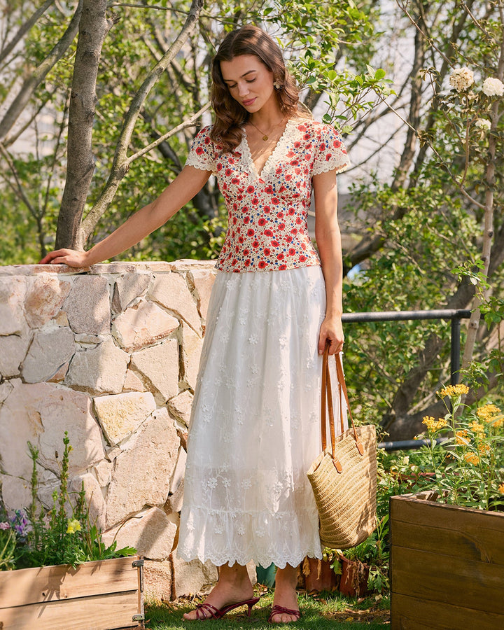 Camiseta Floral de Encaje con Cuello en V Rojo