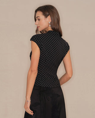 Camiseta de Cuello Mandarín con Lunares Negros