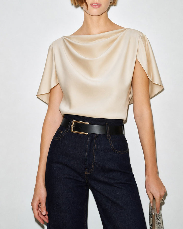 Camiseta de Cuello Cowl con Mangas Mariposa en Albaricoque