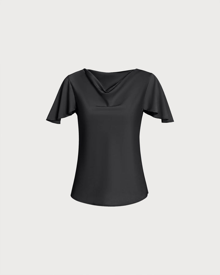 Camiseta Negra con Cuello de Cowl y Mangas de Mariposa