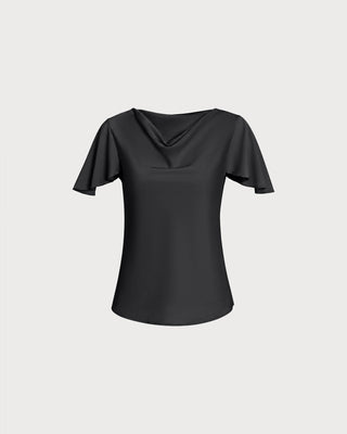 Camiseta Negra con Cuello de Cowl y Mangas de Mariposa