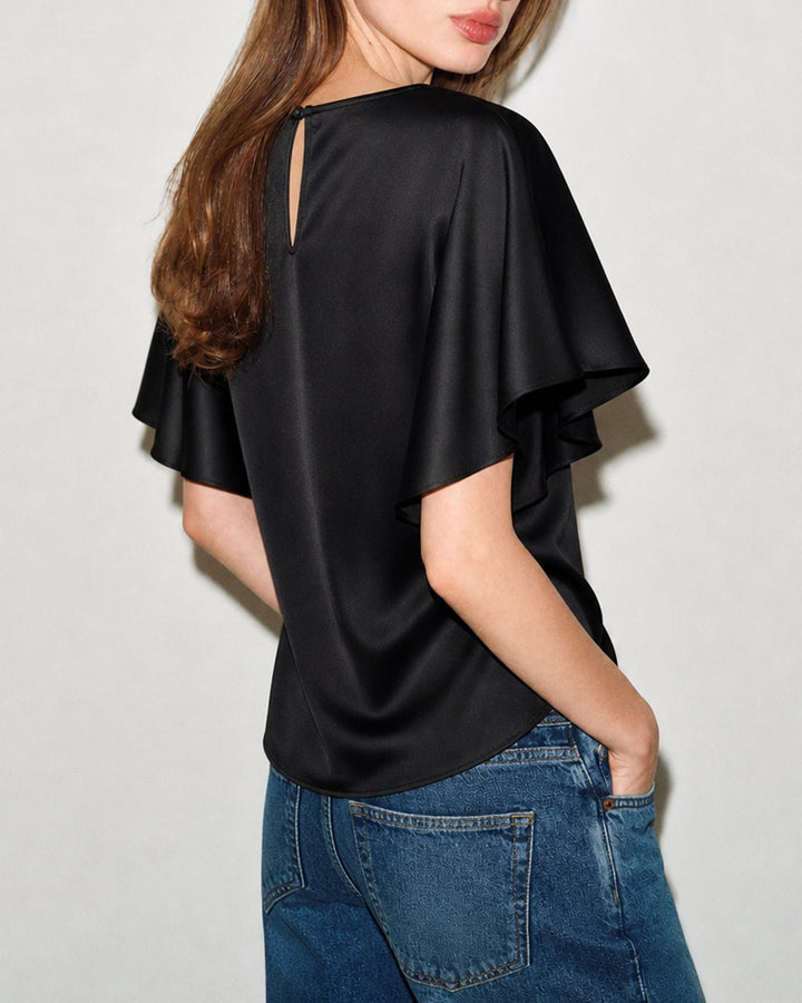 Camiseta Negra con Cuello de Cowl y Mangas de Mariposa