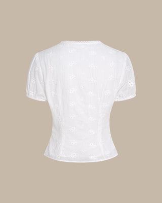 Camiseta de Botón de Manga Abullonada en V Blanca