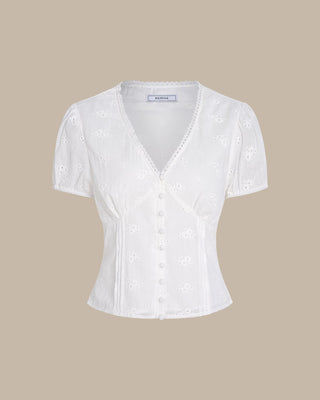 Camiseta de Botón de Manga Abullonada en V Blanca