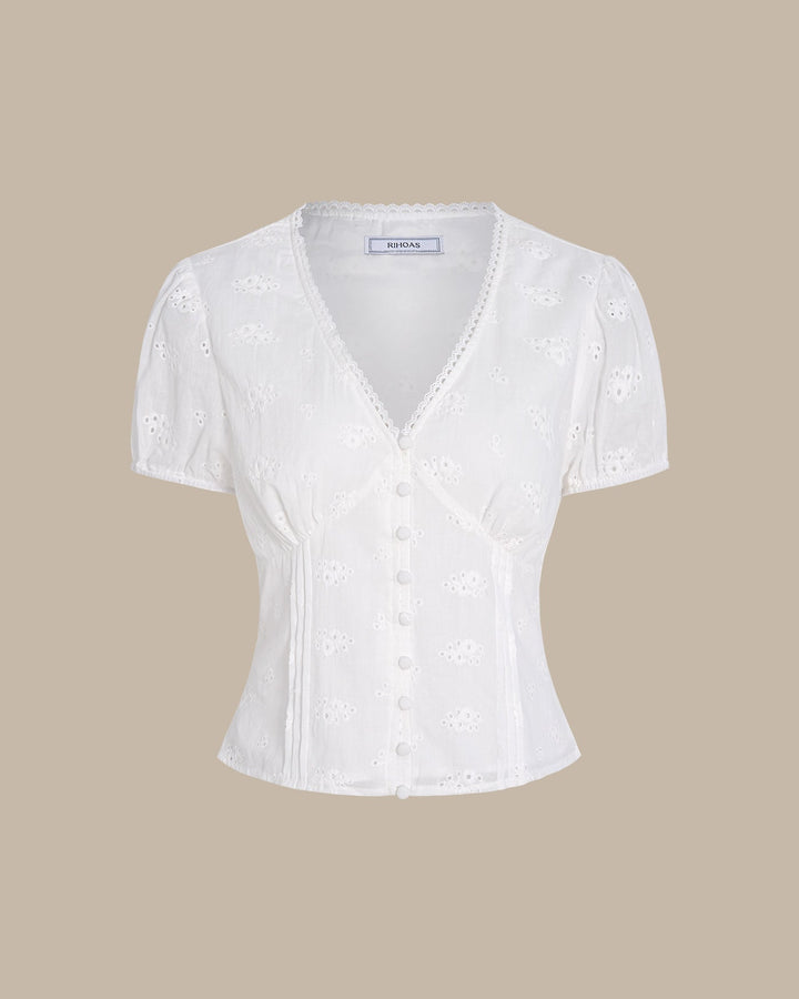 Camiseta de Botón de Manga Abullonada en V Blanca
