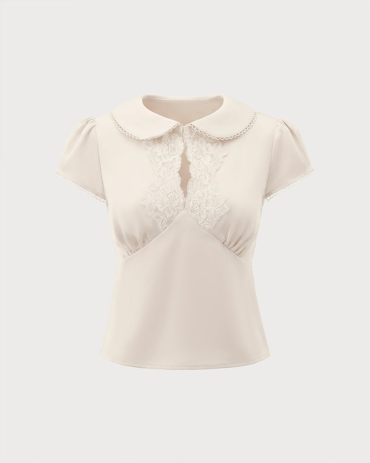 Camiseta de Encaje con Splicing en Color Albaricoque