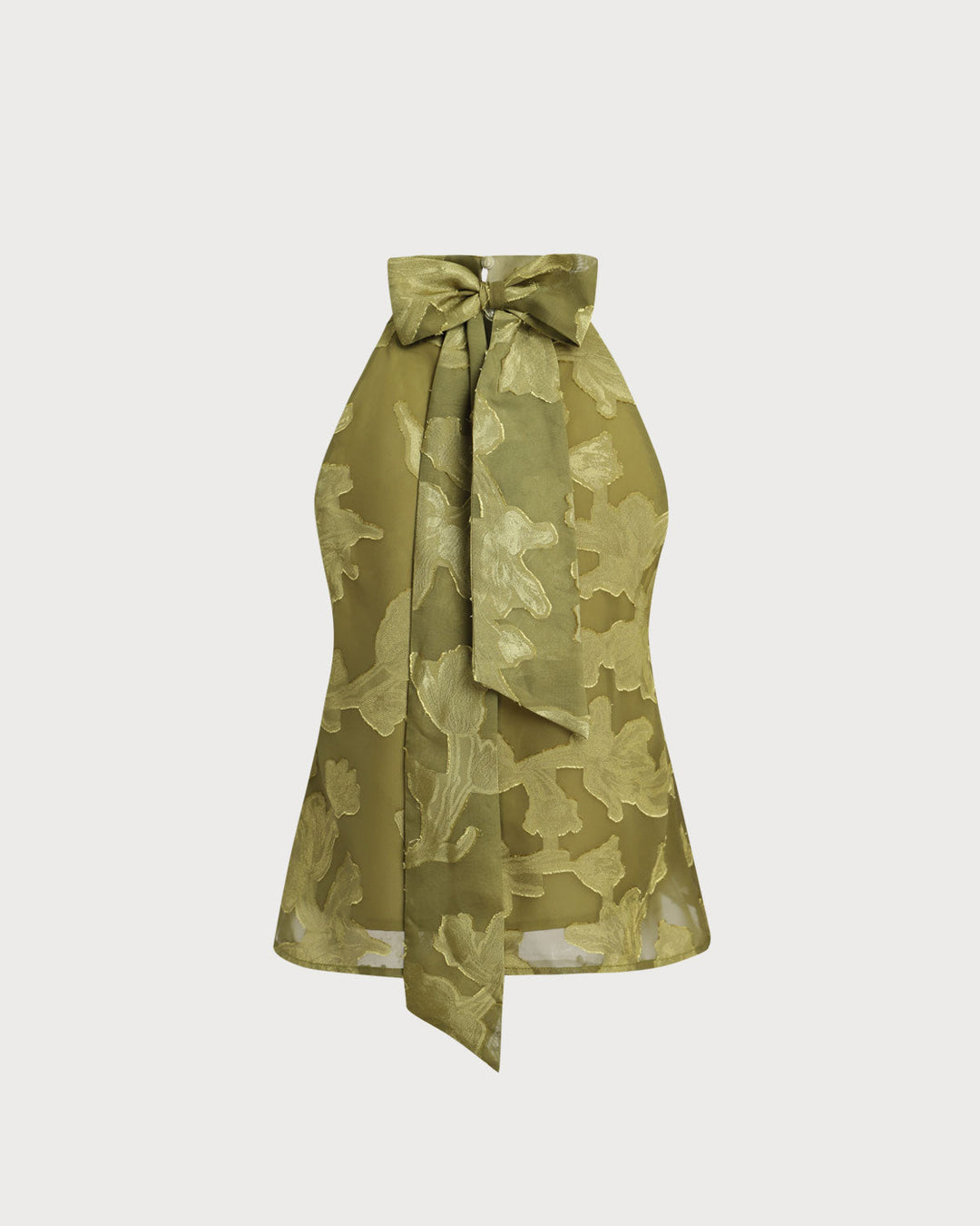 Top sin mangas verde floral con cuello tipo tortuga
