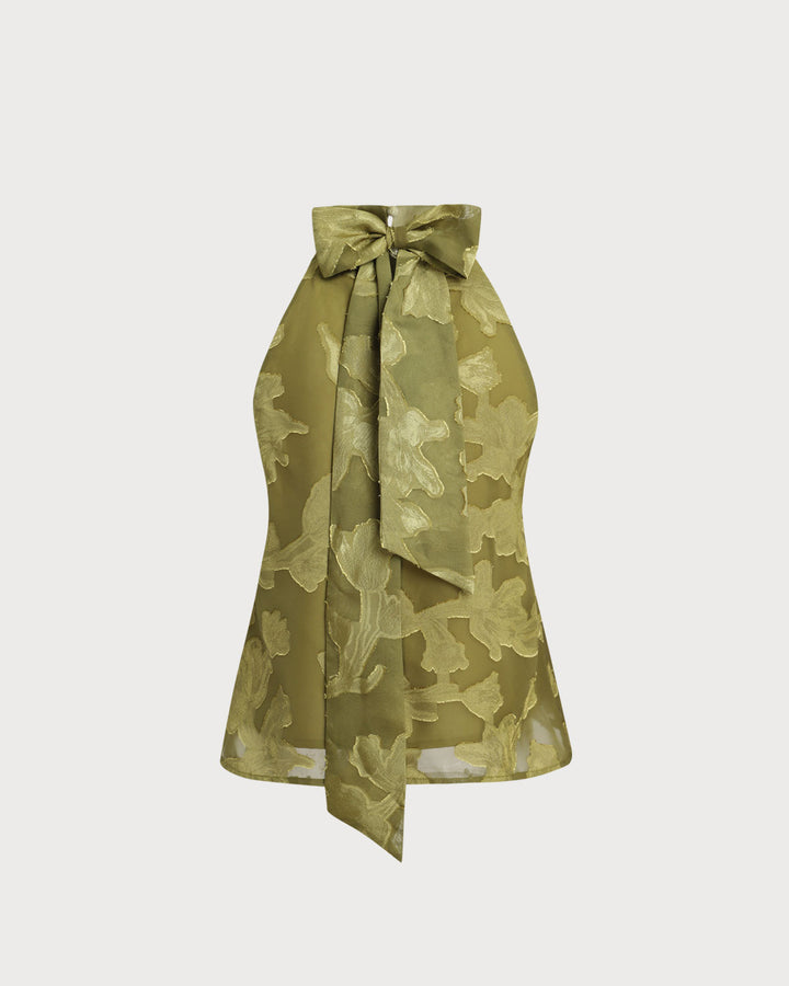 Top sin mangas verde floral con cuello tipo tortuga