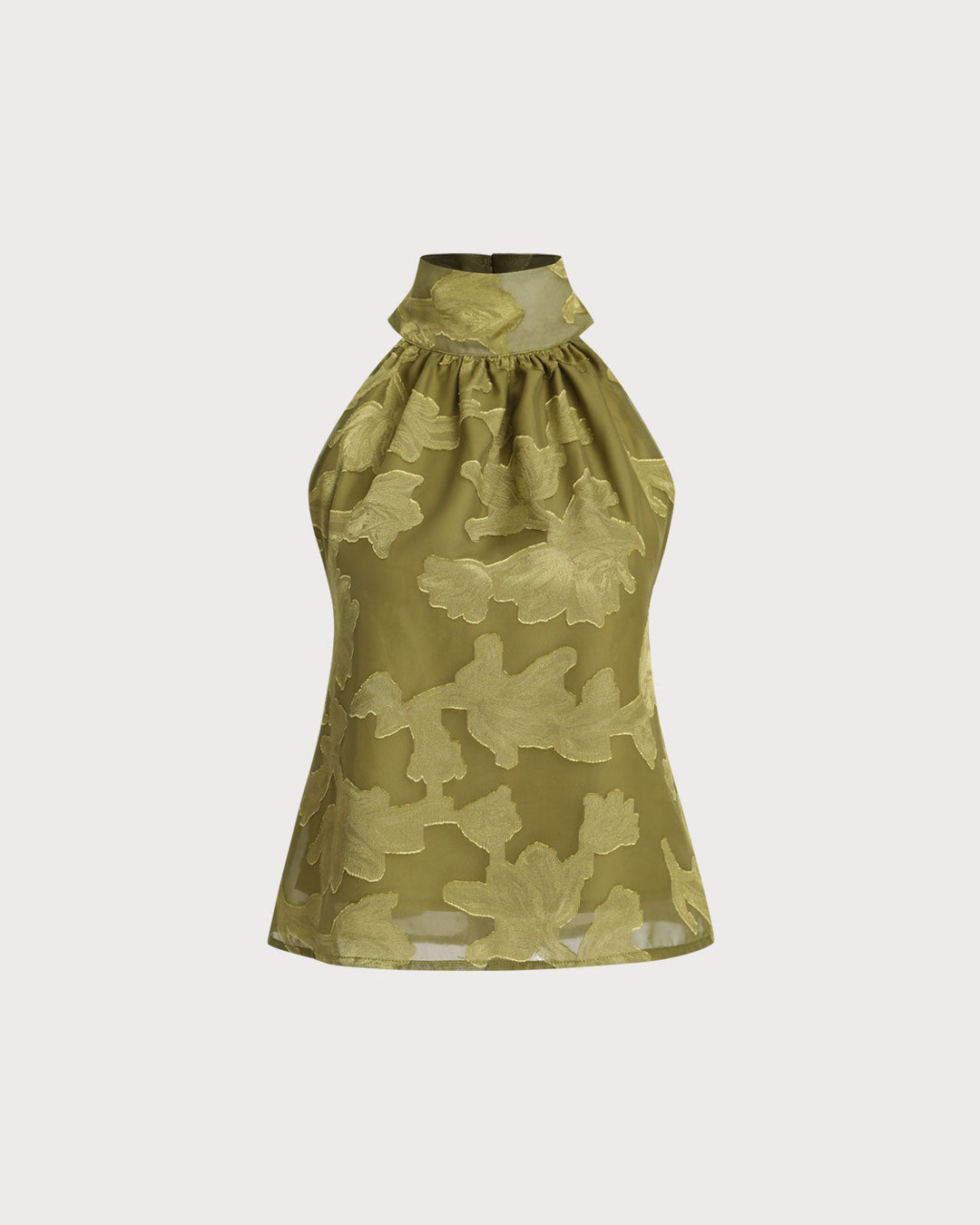 Top sin mangas verde floral con cuello tipo tortuga