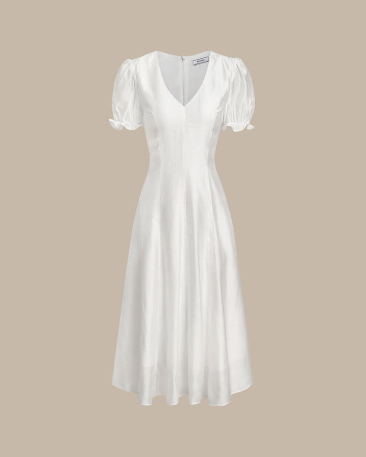 Vestido Midi de Cuello en V con Mangas Abullonadas Blancas