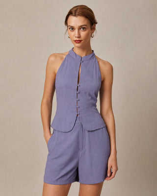 Pantalones Cortos con Cintura Natural y Botones en los Bolsillos Morados