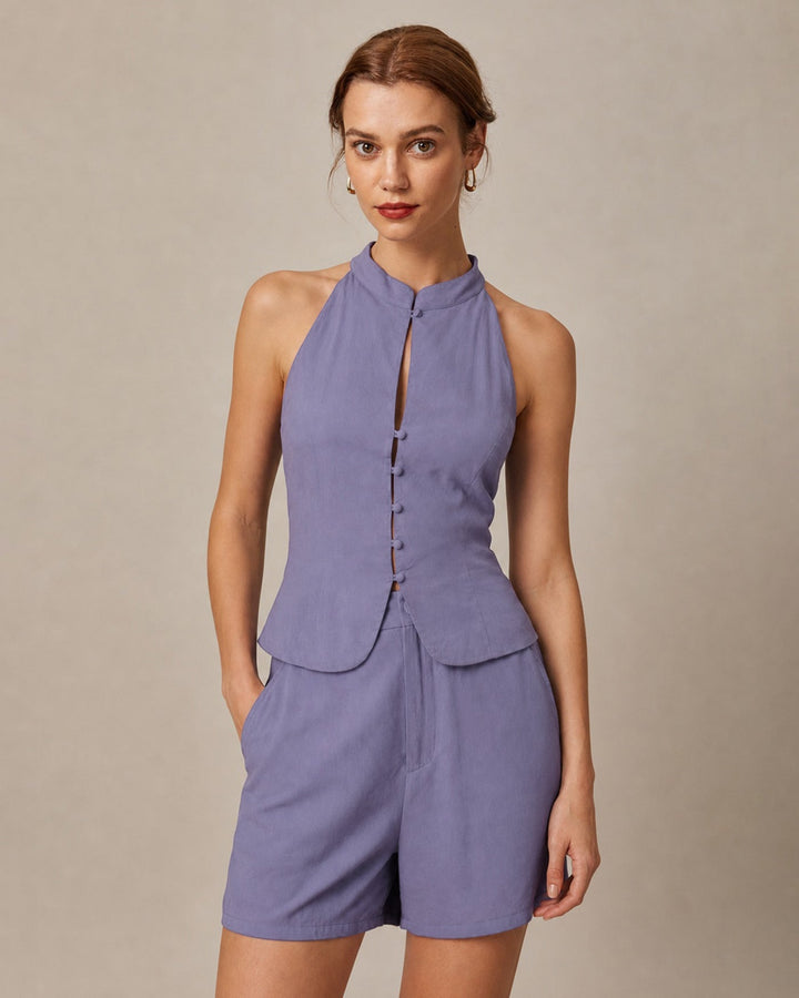 Pantalones Cortos con Cintura Natural y Botones en los Bolsillos Morados
